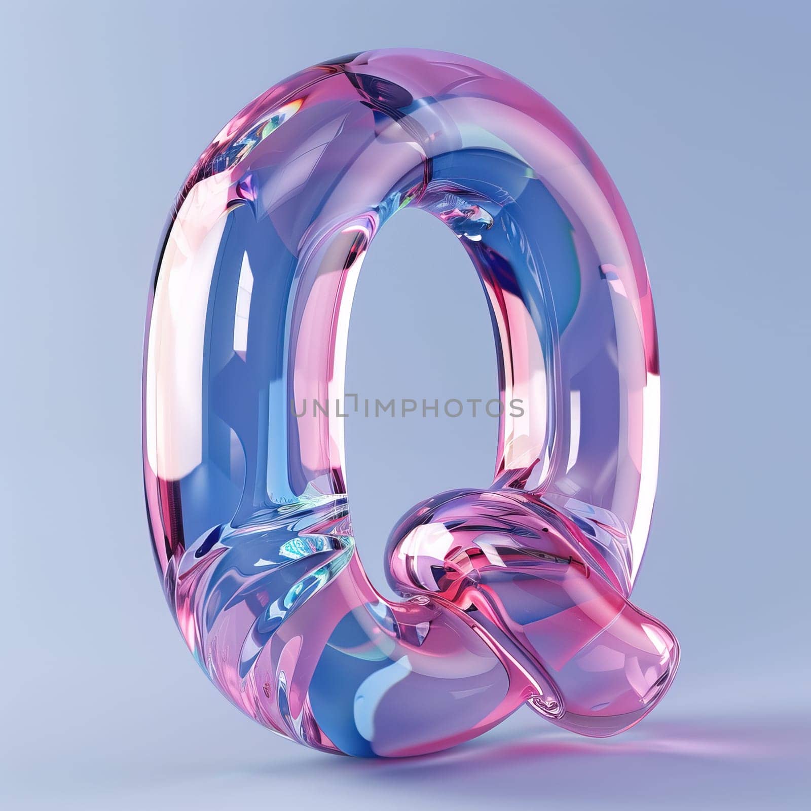 glassy pink and blue letter Q for logo in the style of neumorphism, soft natural lighting, simple and elegant space, close-up, super high detaill