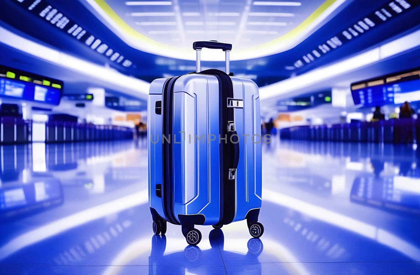 One blue suitcase for hand luggage on the background in the airport terminal in an empty boarding area. The concept of a travel trip, purple tinted by claire_lucia