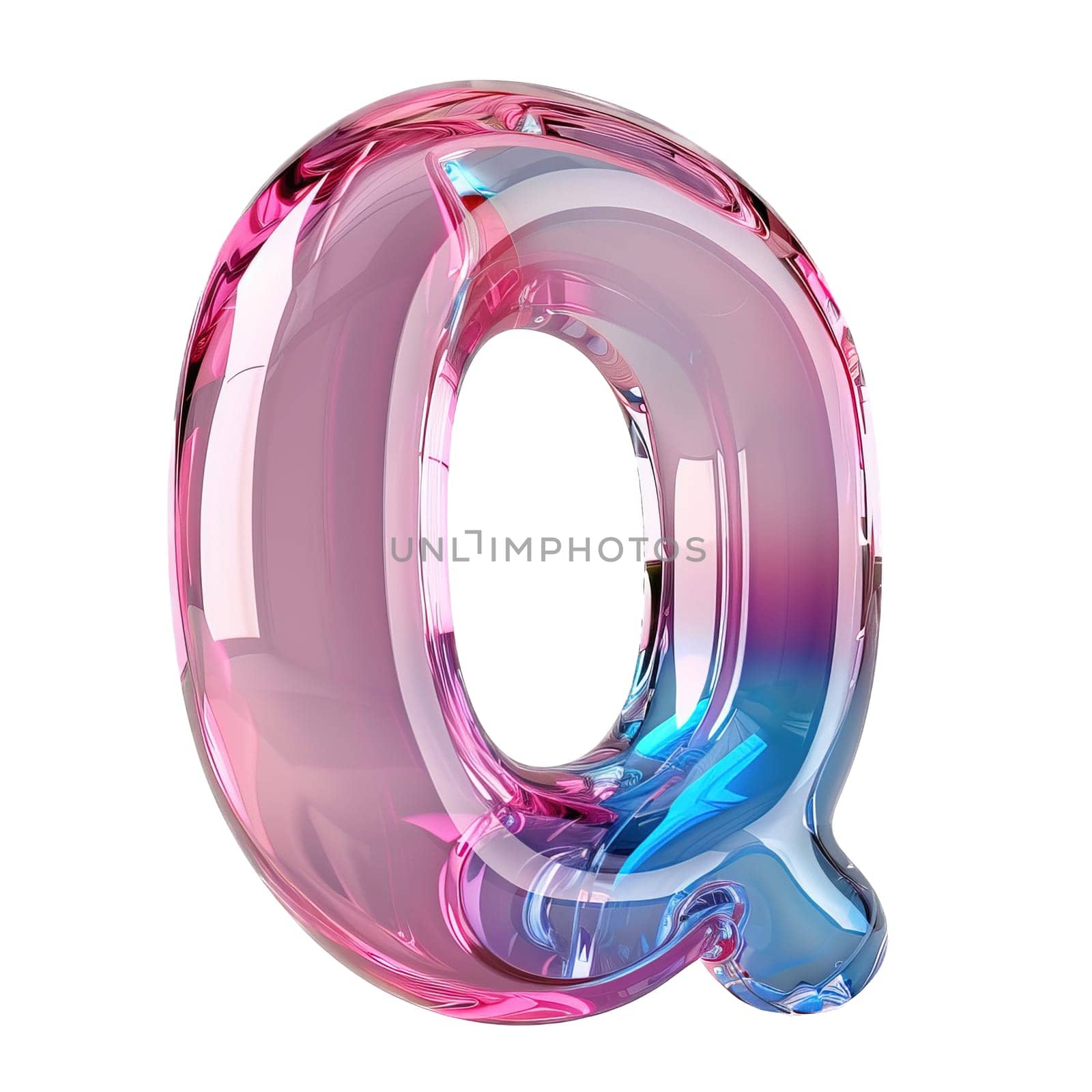 glassy pink and blue letter Q for logo in the style of neumorphism, soft natural lighting, simple and elegant space, close-up, super high detaill