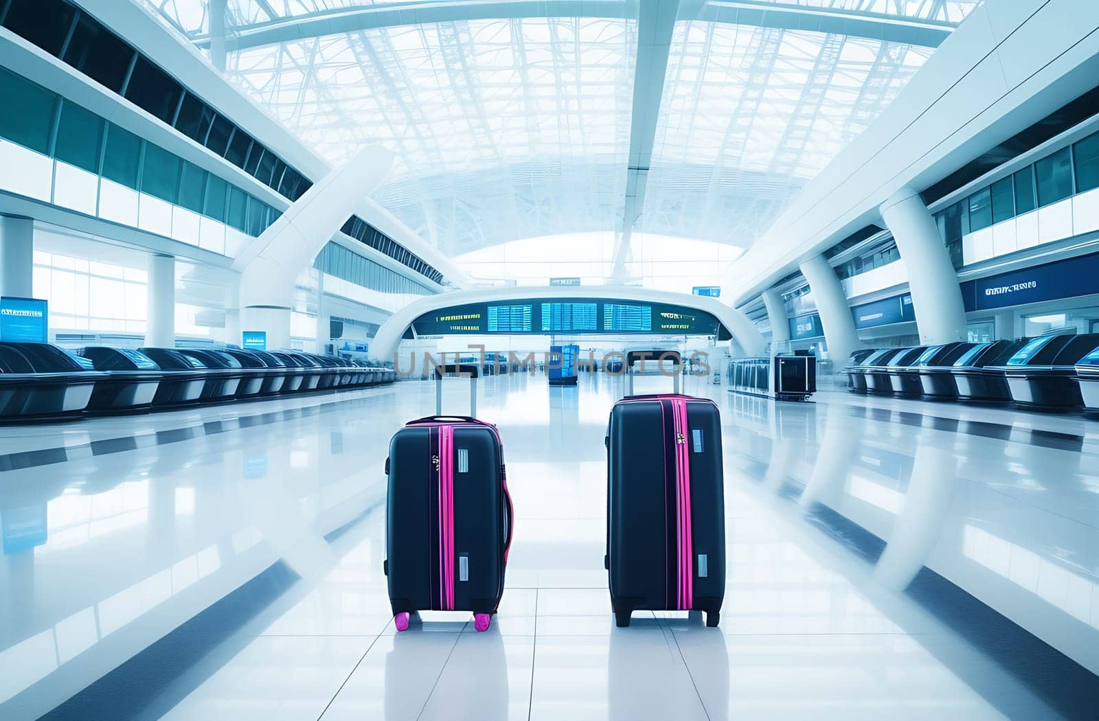 Two suitcases in the background at the airport terminal in an empty boarding area. The concept of a travel trip by claire_lucia
