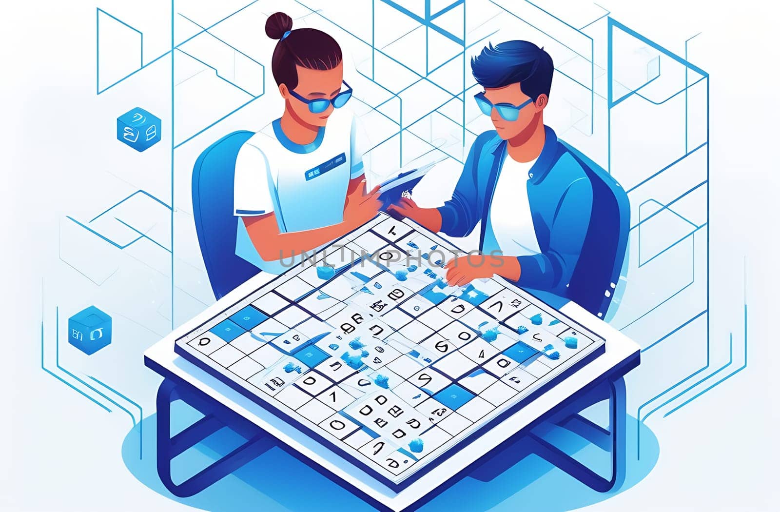 Two teenagers solve a Japanese Sudoku crossword puzzle, illustration on a white background.