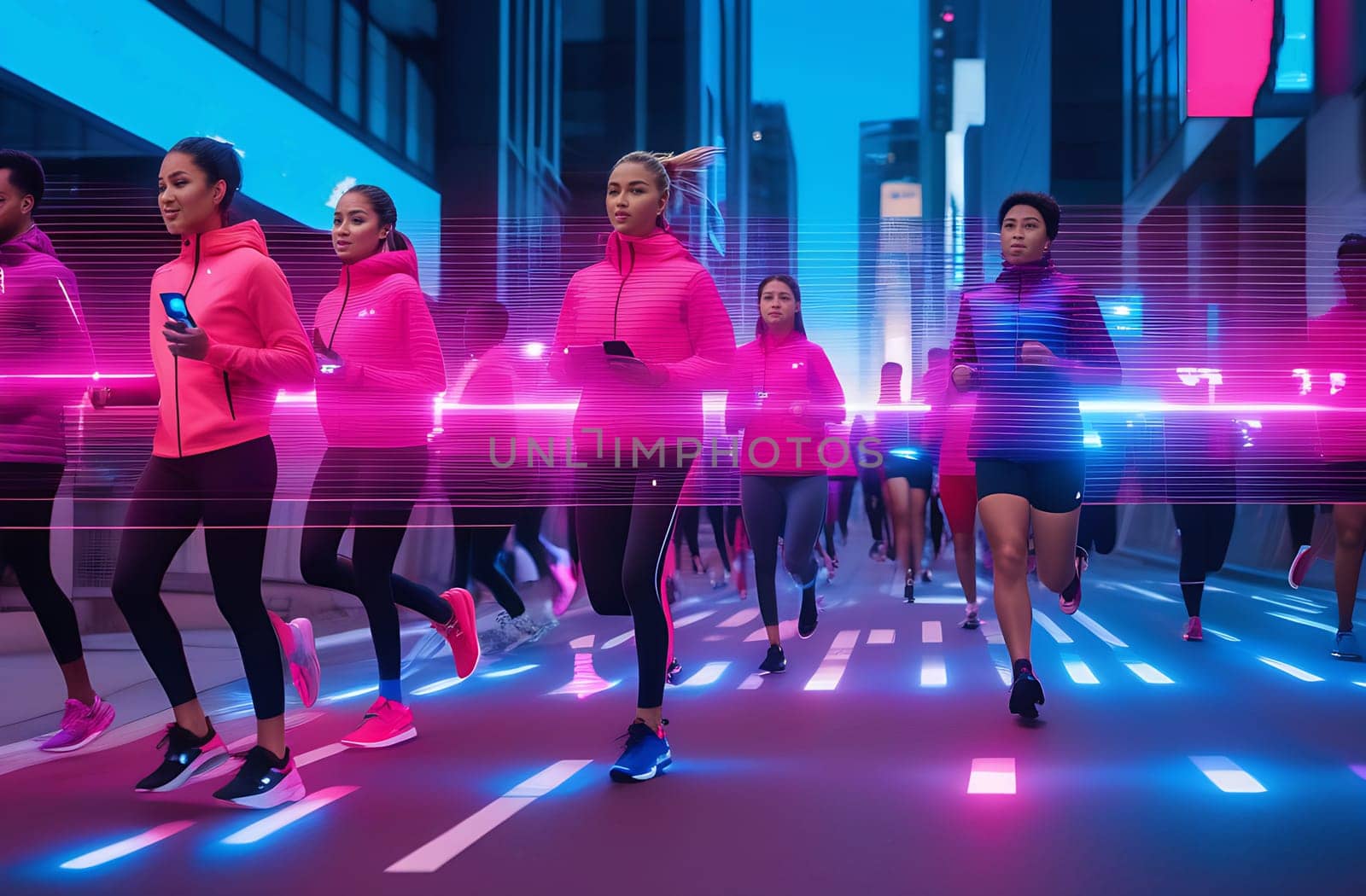 Abstract neon background, large group of running athletes on the street, marathon through the night city, blur effect, unrecognizable people. The concept of a healthy lifestyle by claire_lucia