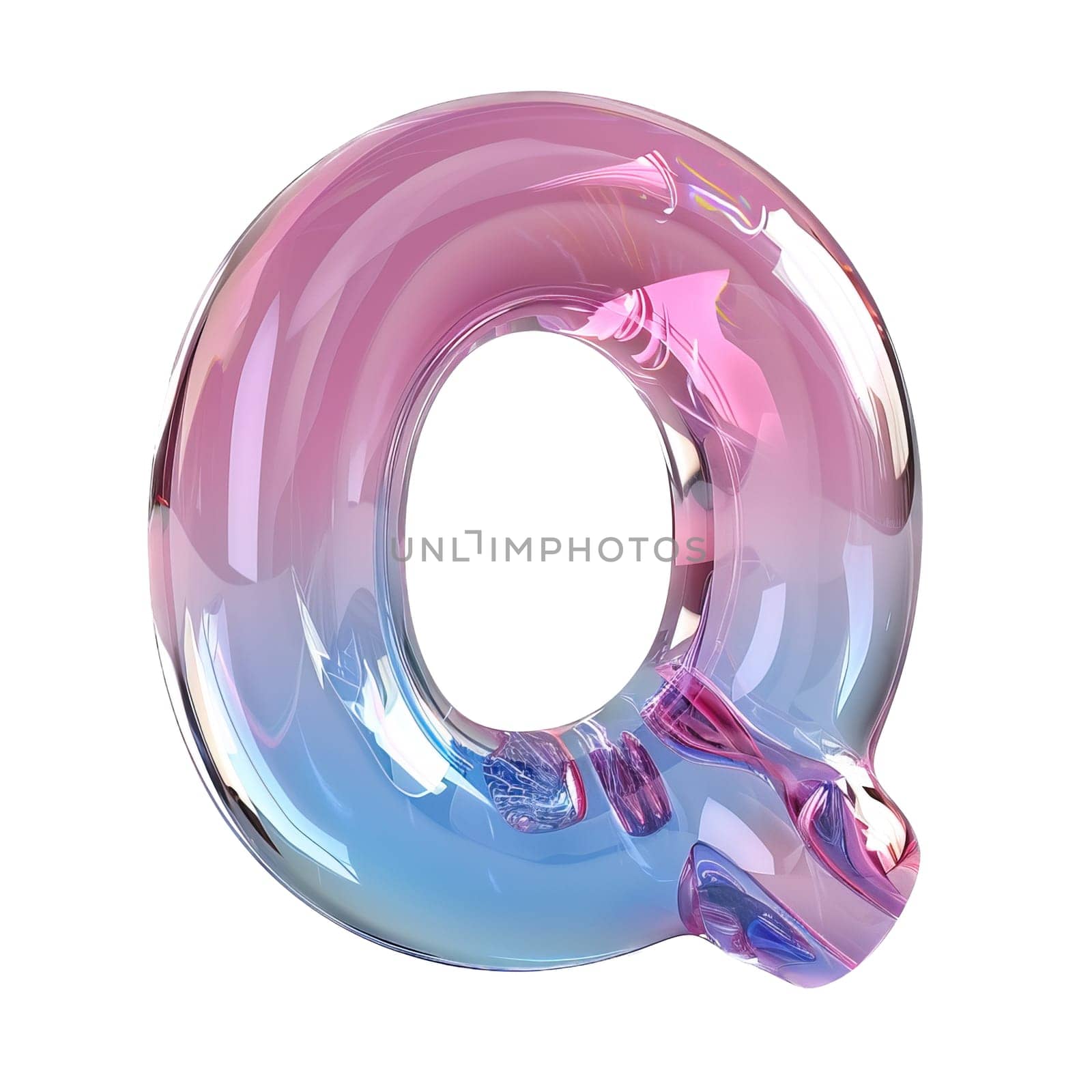 glassy pink and blue letter Q for logo in the style of neumorphism, soft natural lighting, simple and elegant space, close-up, super high detaill