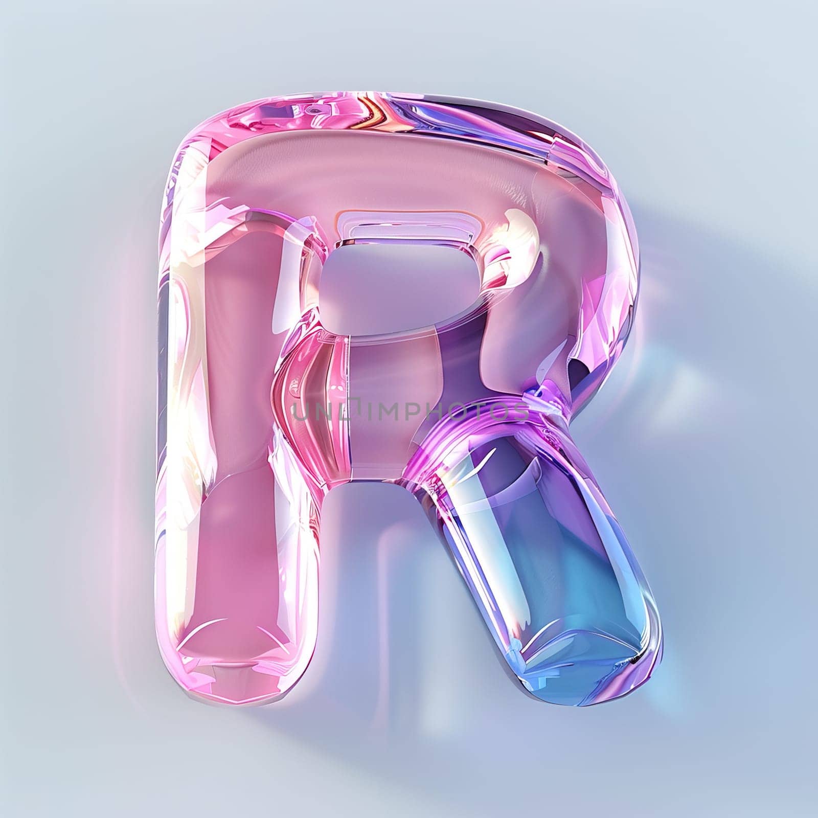 glassy pink and blue letter R for logo in the style of neumorphism, soft natural lighting, simple and elegant space, close-up, super high detaill