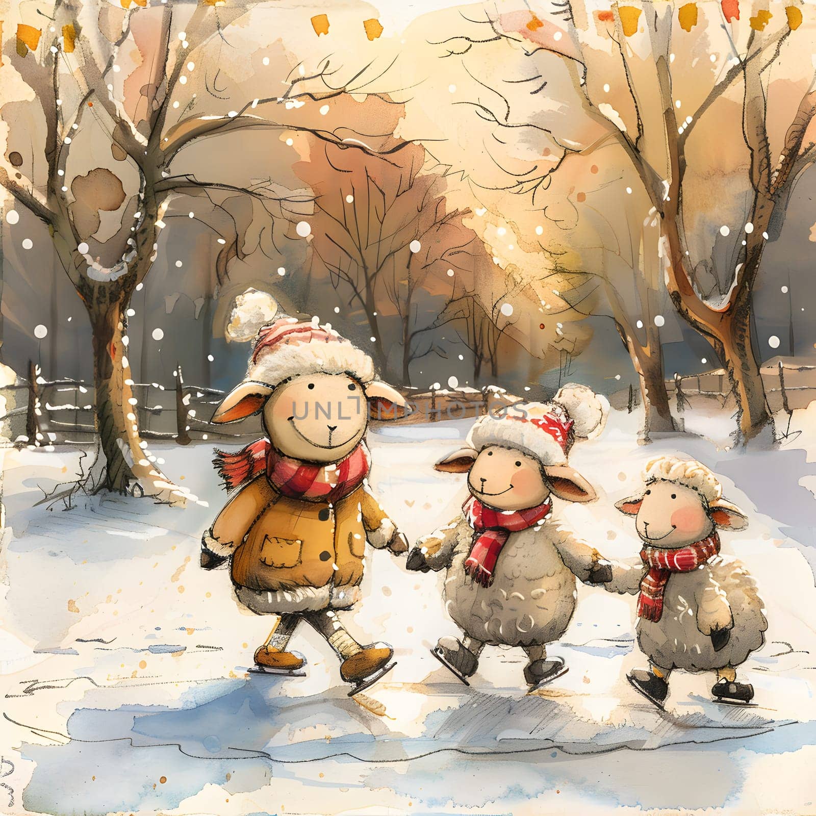 Three sheep are skating hand in hand on the snowy ice, creating a heartwarming winter scene. The snowcovered trees and twigs add to the magical painting of this happy event