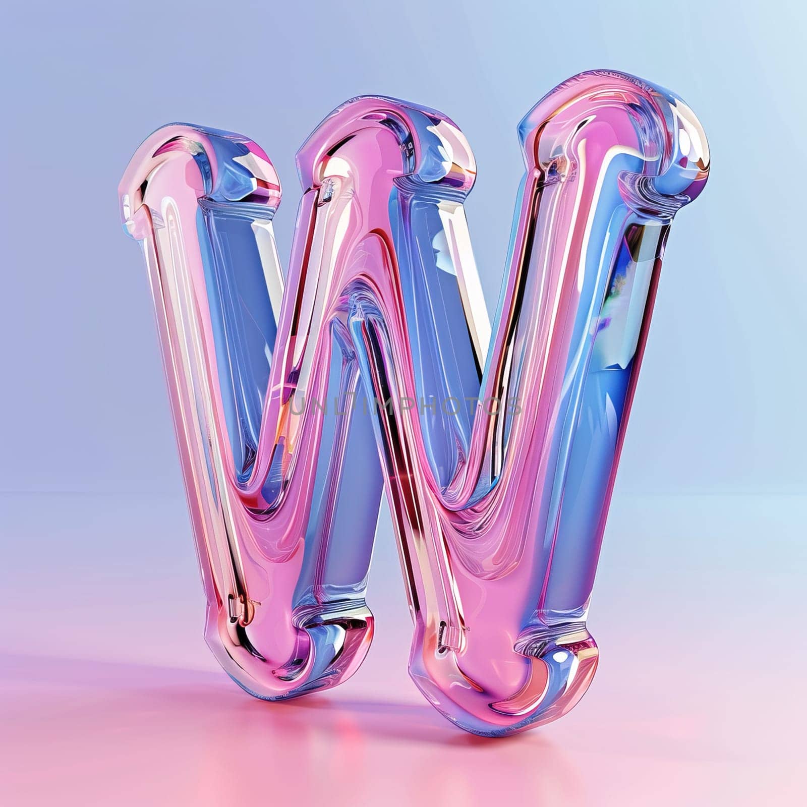 glassy pink and blue letter W for logo in the style of neumorphism, soft natural lighting, simple and elegant space, close-up, super high detaill