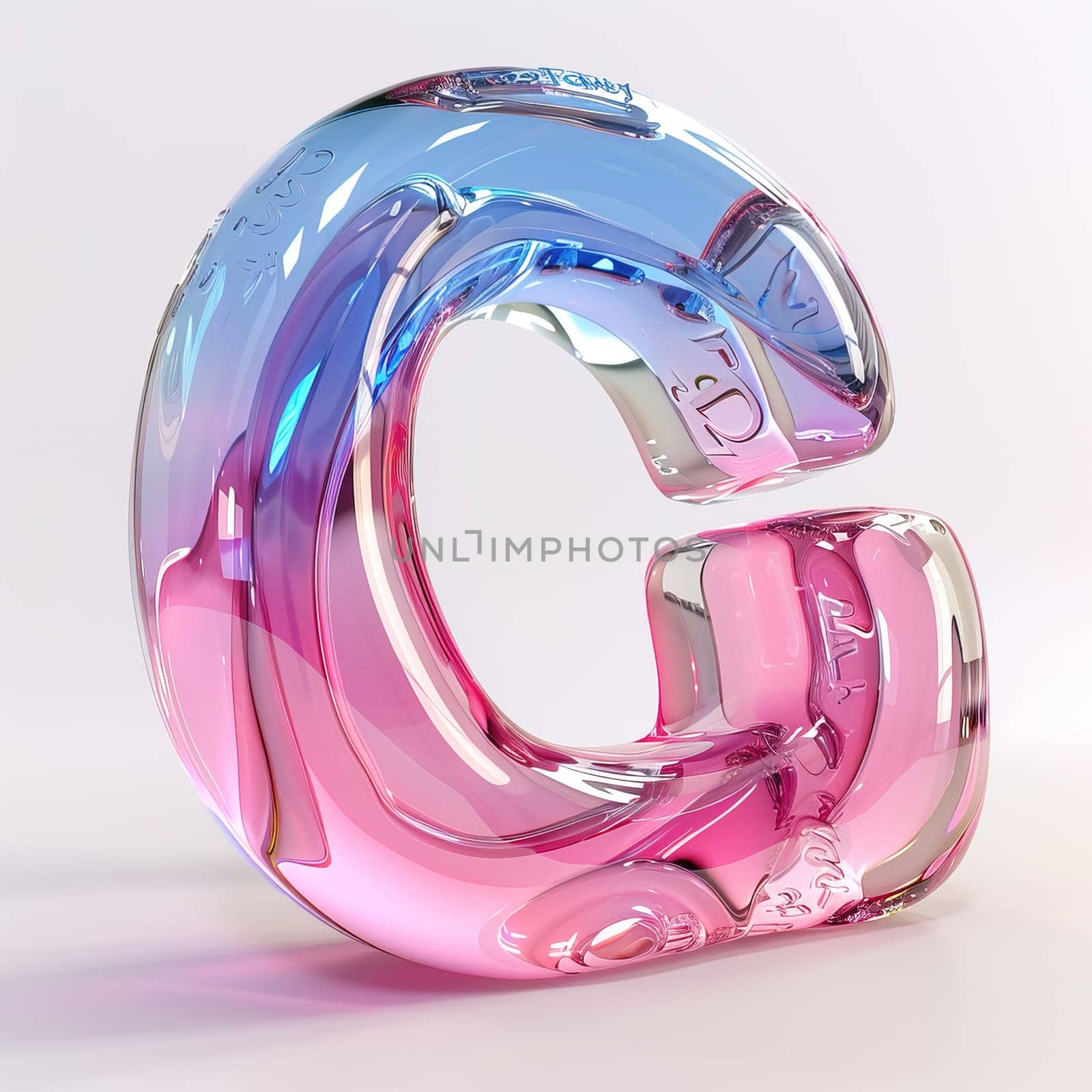glassy pink and blue letter "G" for logo in the style of neumorphism, soft natural lighting simple and elegant space, close-up, super high detaill by mr-tigga