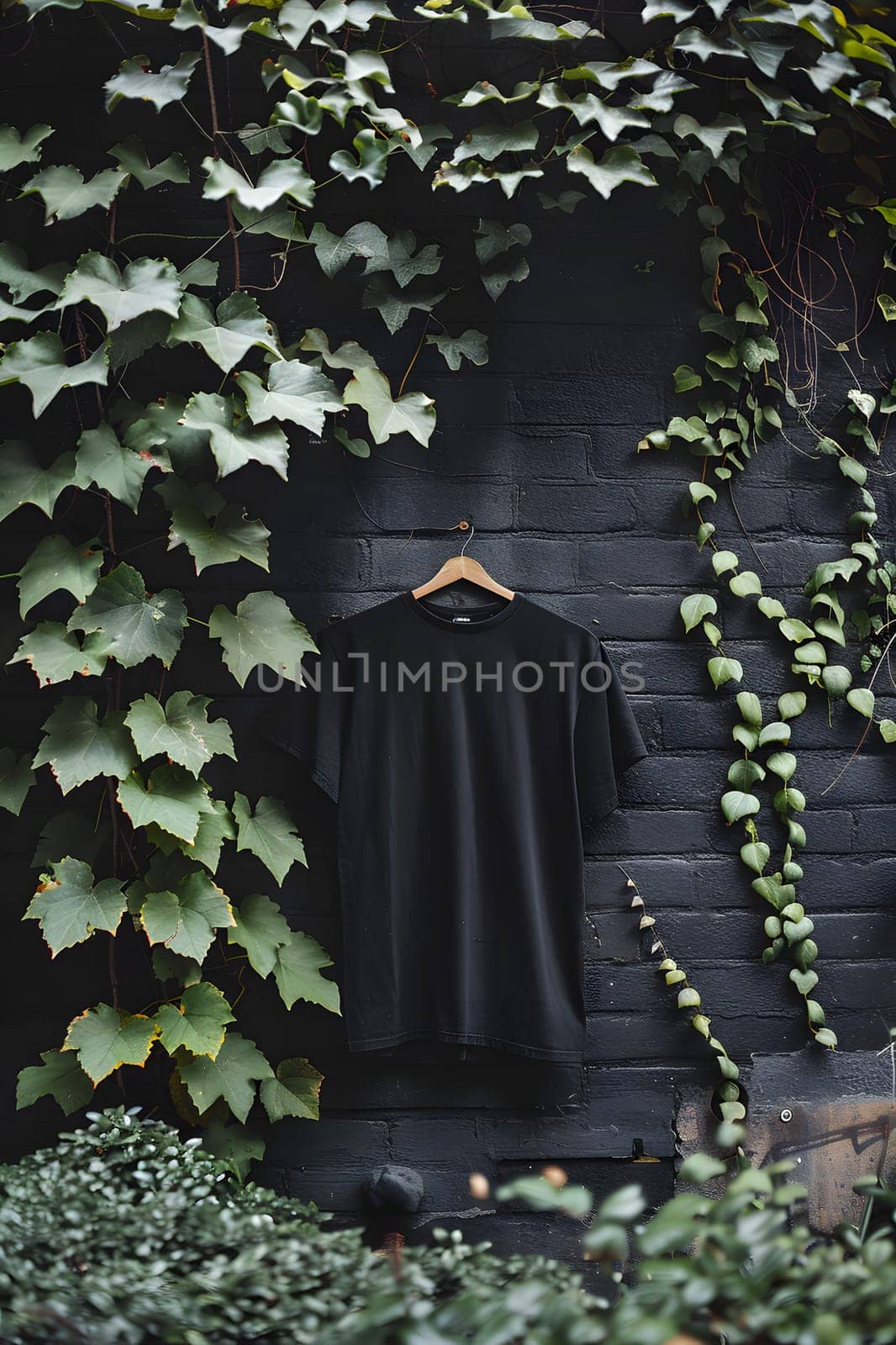A black tshirt with short sleeves is displayed on a twig hanger against a black wall, creating a minimalist landscape with a touch of nature