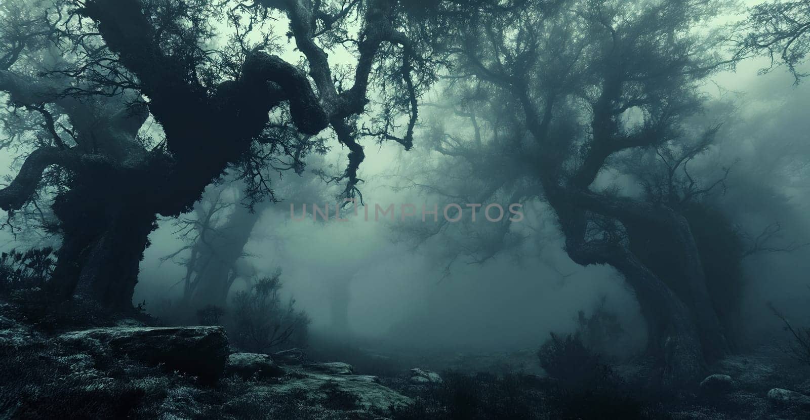haunting scene as thick fog weaves through the twisted branches of ancient trees in a dense forest at dusk - Halloween background - Generative AI