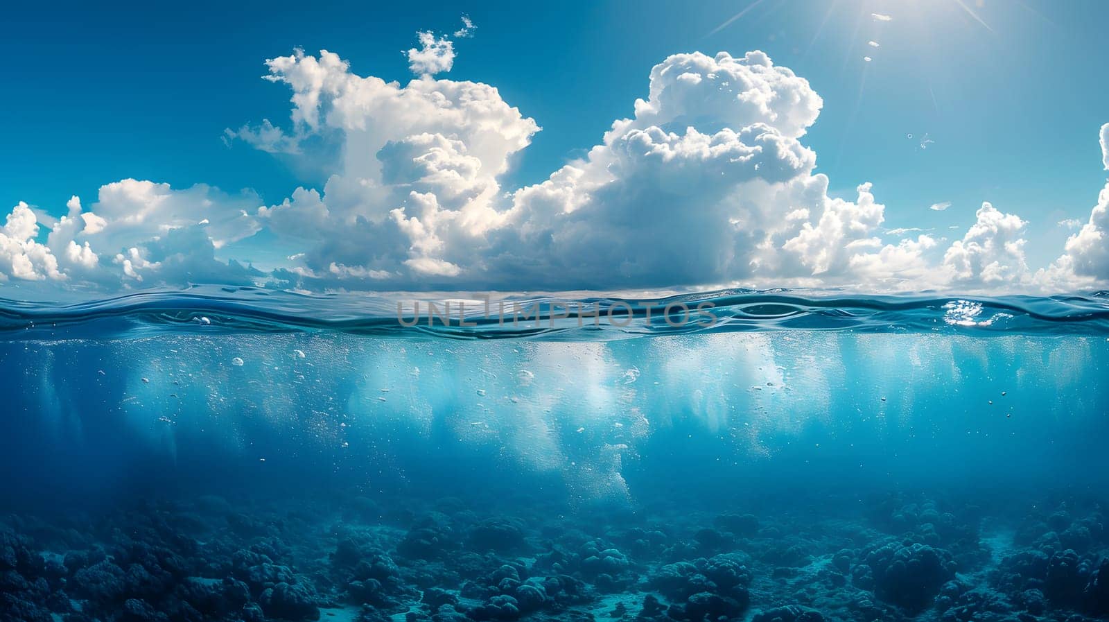 A mesmerizing half underwater view of a coral reef with fluffy clouds reflected in the aqua blue water, creating a dreamy natural landscape