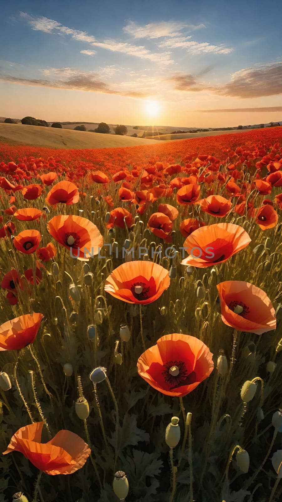 poppy field at sunset. Beautiful landscape with red poppies. Nature composition. Soft focus.