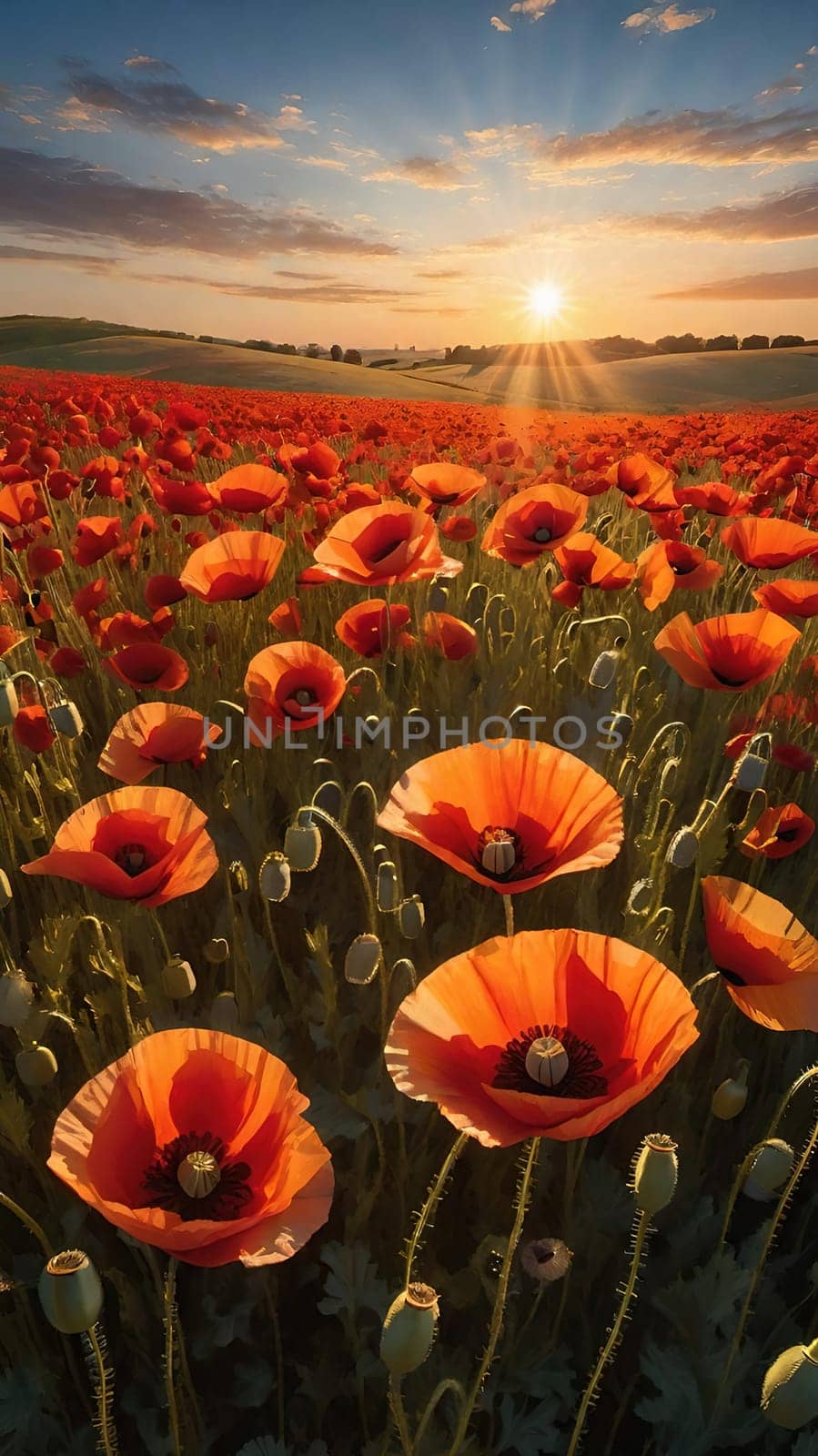 poppy field at sunset. Beautiful landscape with red poppies. Nature composition. Soft focus.