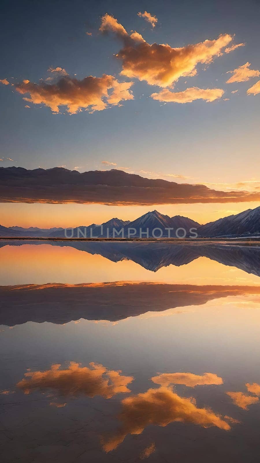 Sunset reflected in a lake with clouds and mountains in the background