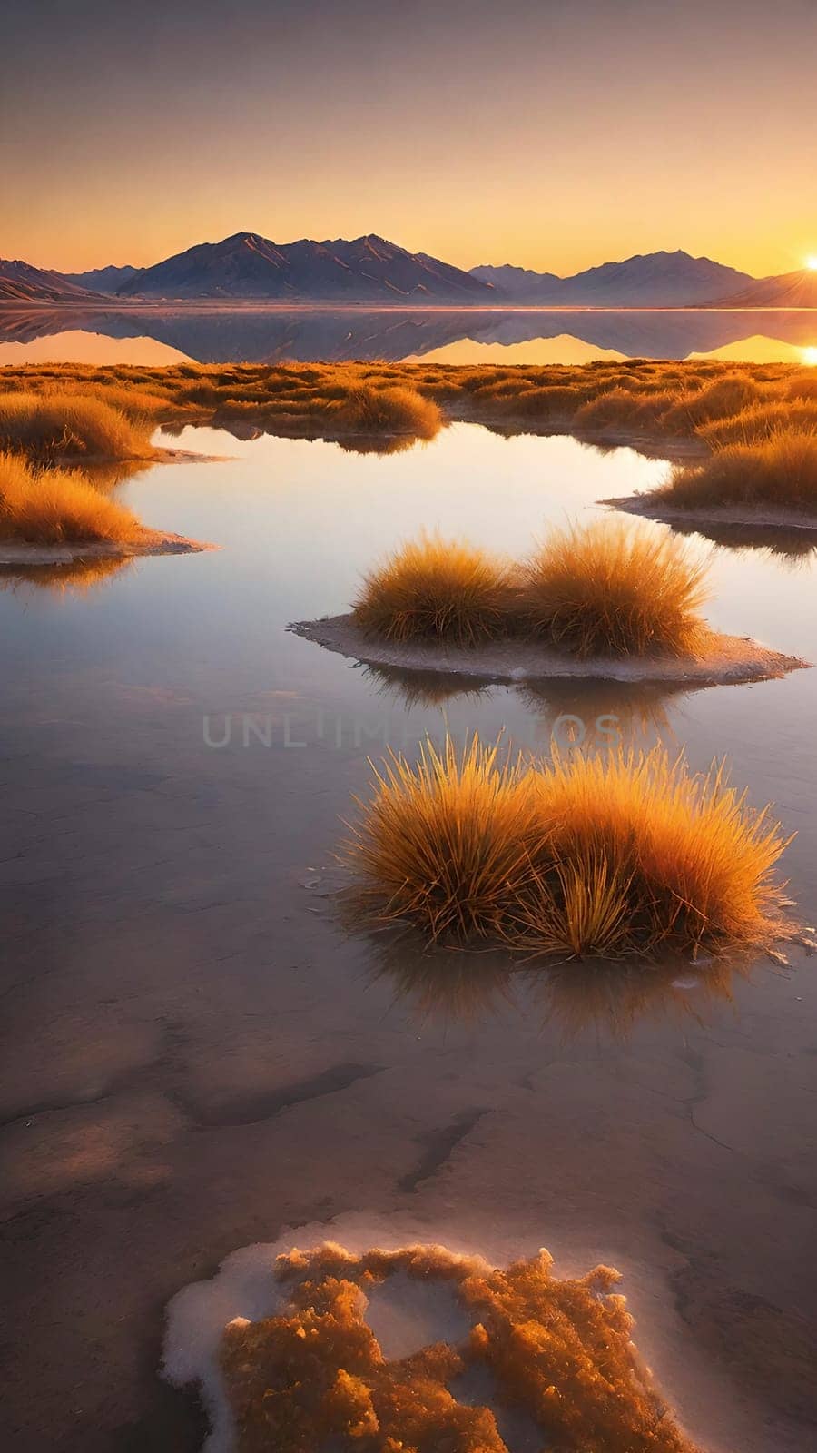 Sunset reflected in a lake with clouds and mountains in the background