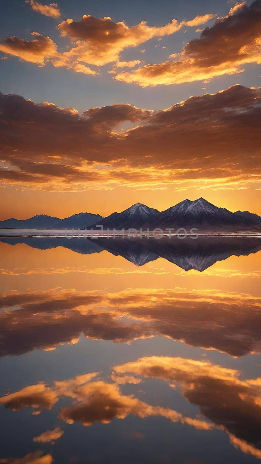 Sunset reflected in a lake with clouds and mountains in the background