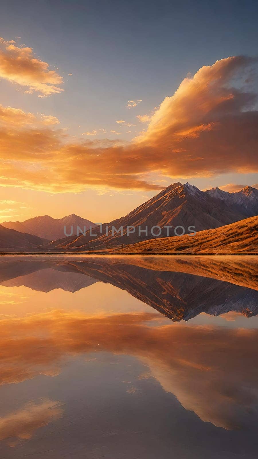 Sunset reflected in a lake with clouds and mountains in the background