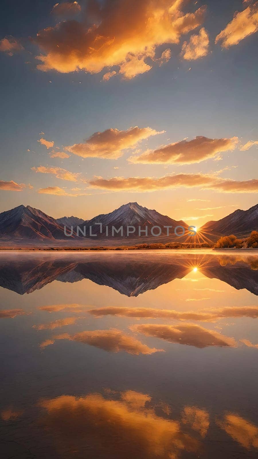 Sunset reflected in a lake with clouds and mountains in the background