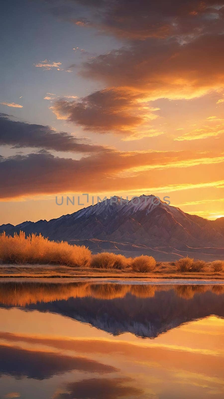 Sunset reflected in a lake with clouds and mountains in the background