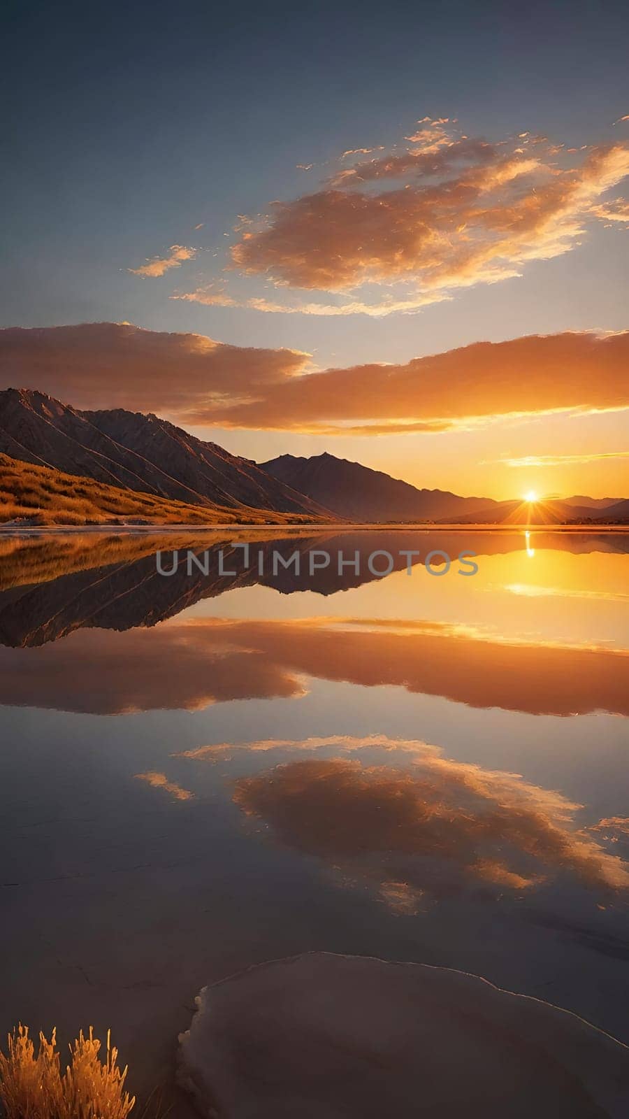 Sunset reflected in a lake with clouds and mountains in the background