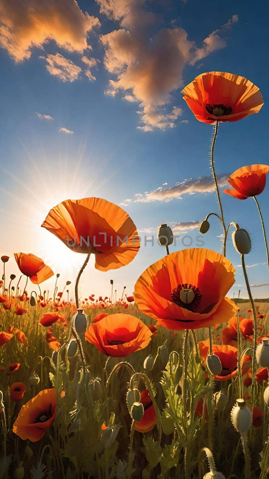 poppy field at sunset. Beautiful landscape with red poppies. Nature composition. Soft focus.