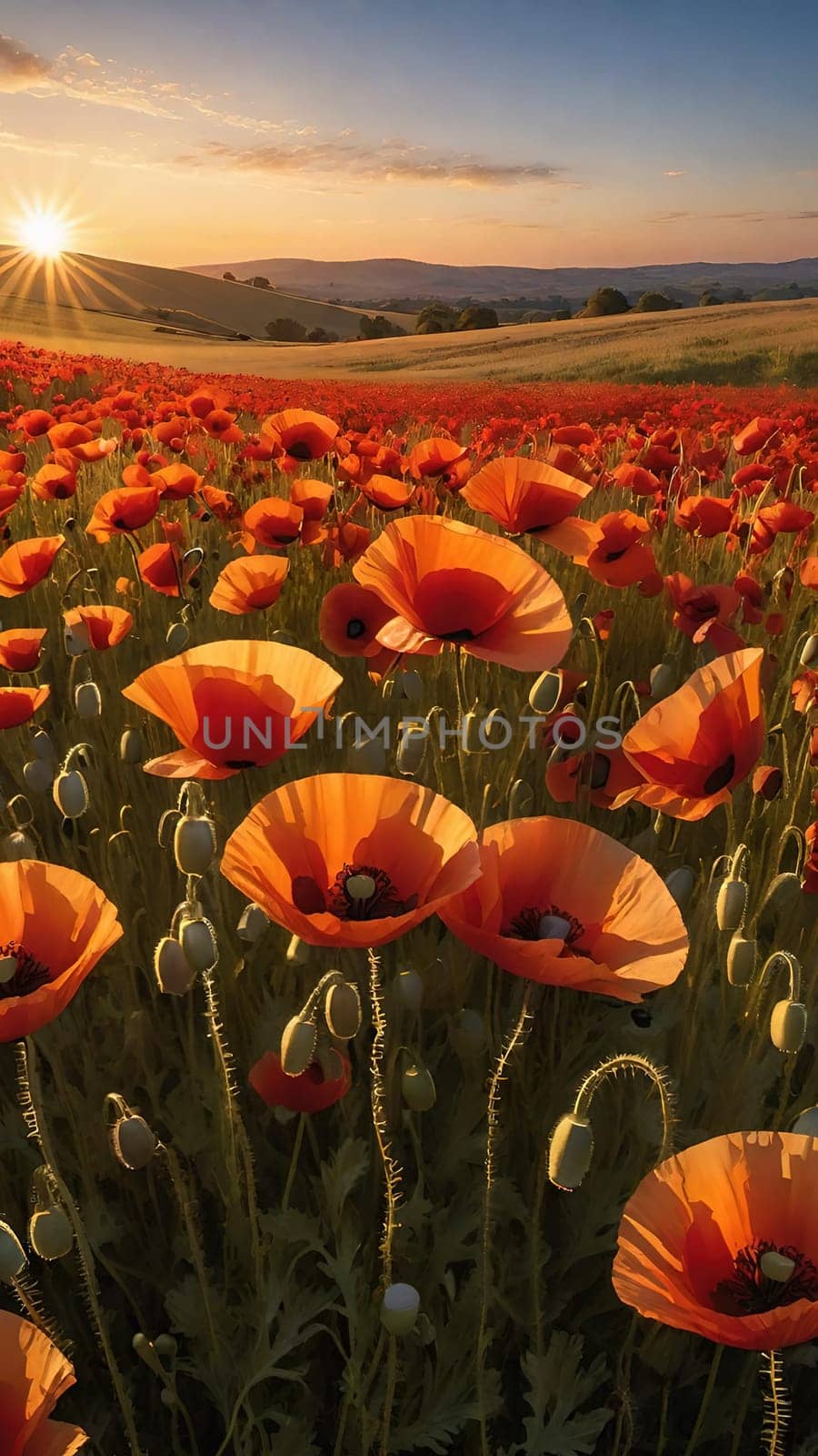 poppy field at sunset. Beautiful landscape with red poppies. Nature composition. Soft focus.