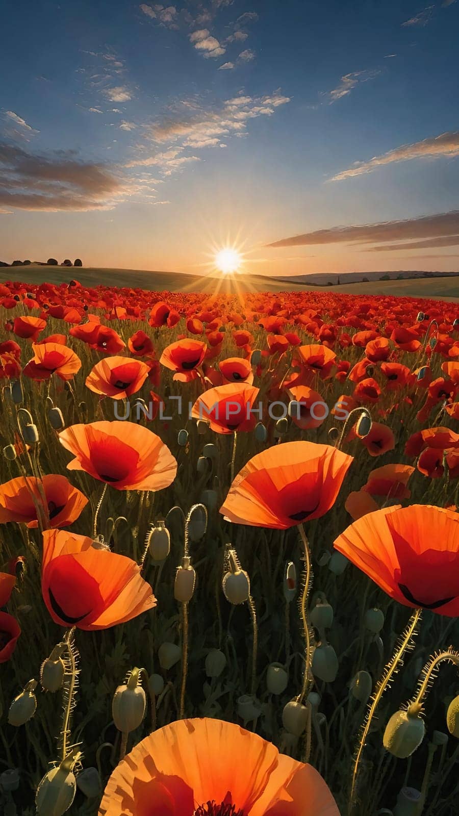 poppy field at sunset. Beautiful landscape with red poppies. Nature composition. Soft focus.