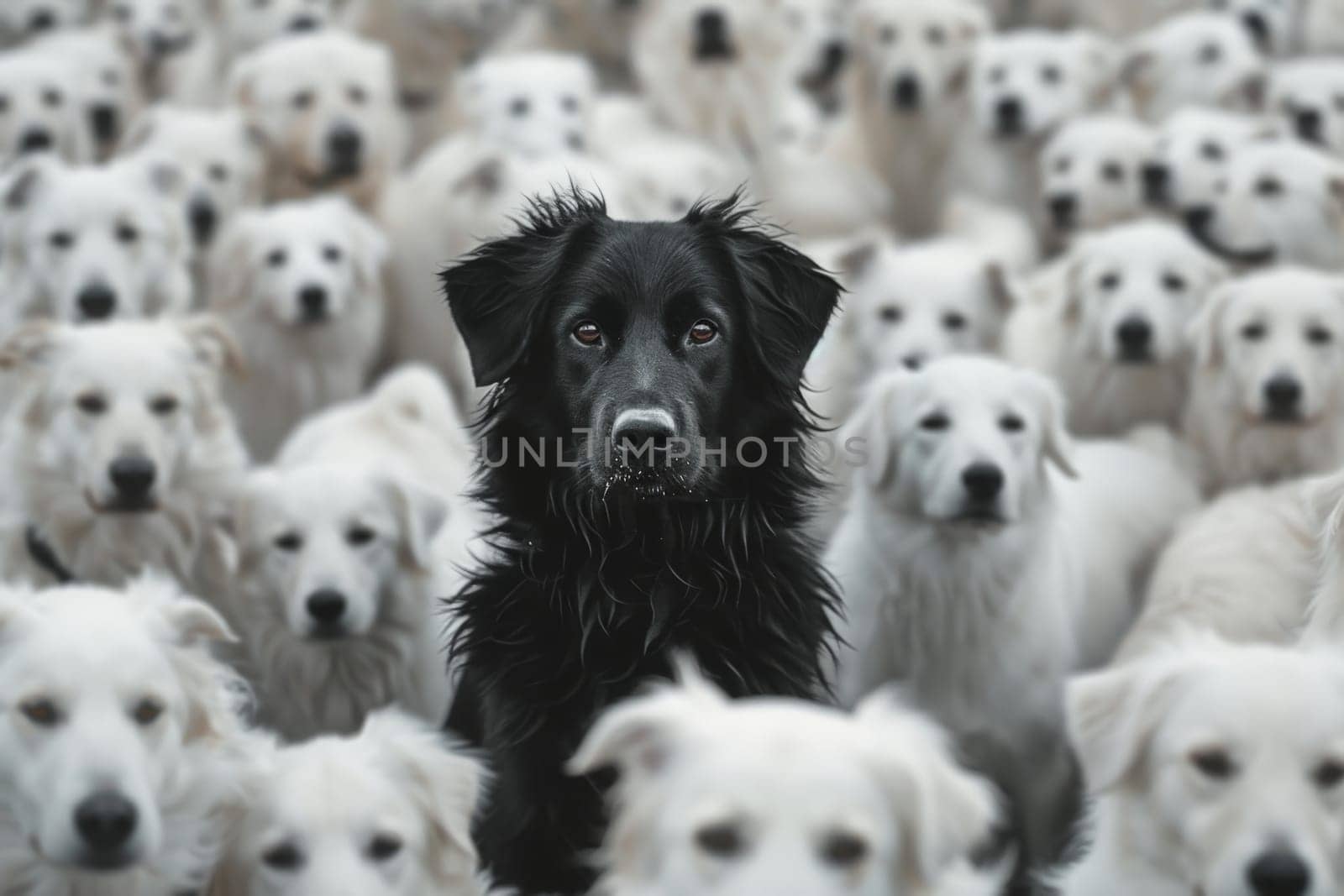 A black dog among a flock of white dog, raising head as a leader, standing out from the crowd.