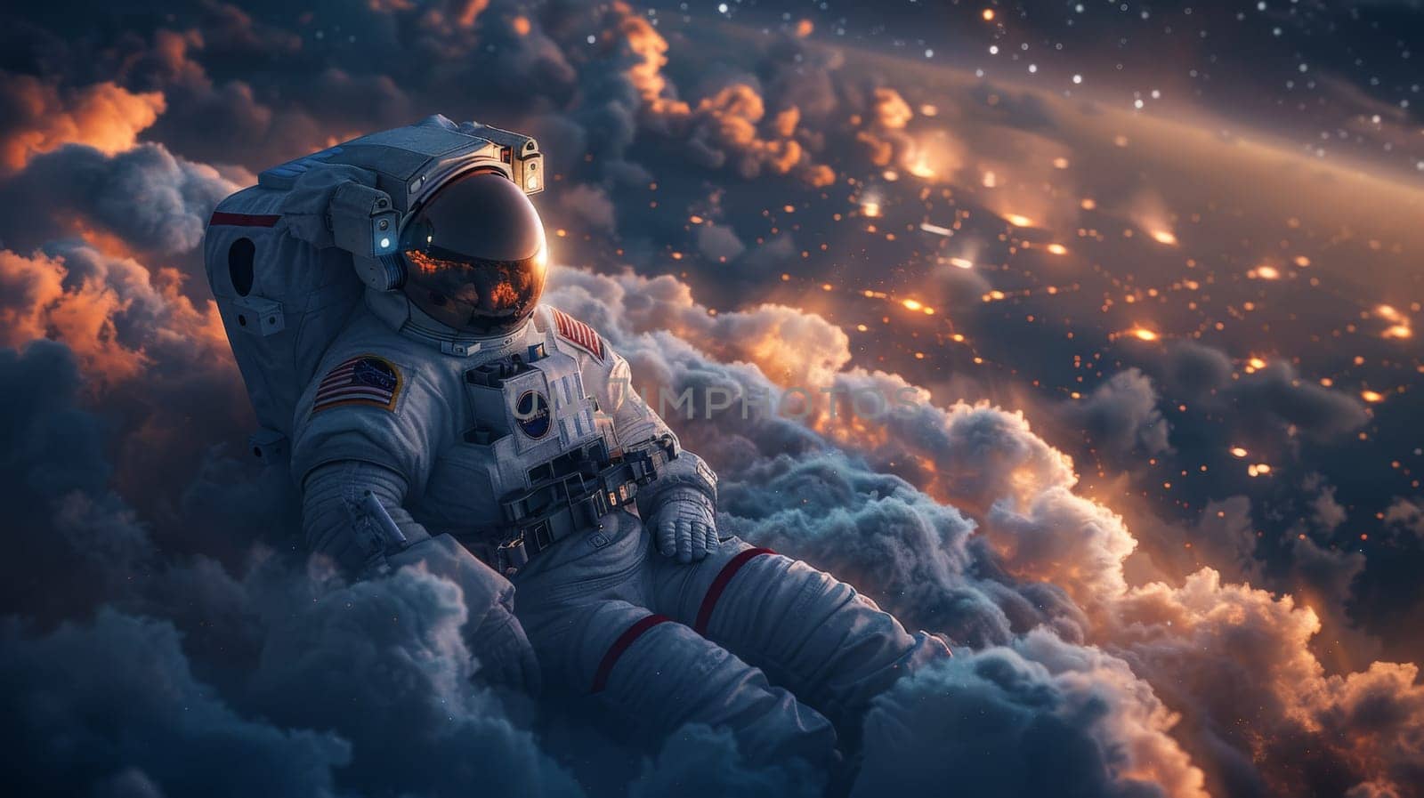 An astronaut lie on the clouds, flying over a city in a starry magic night.