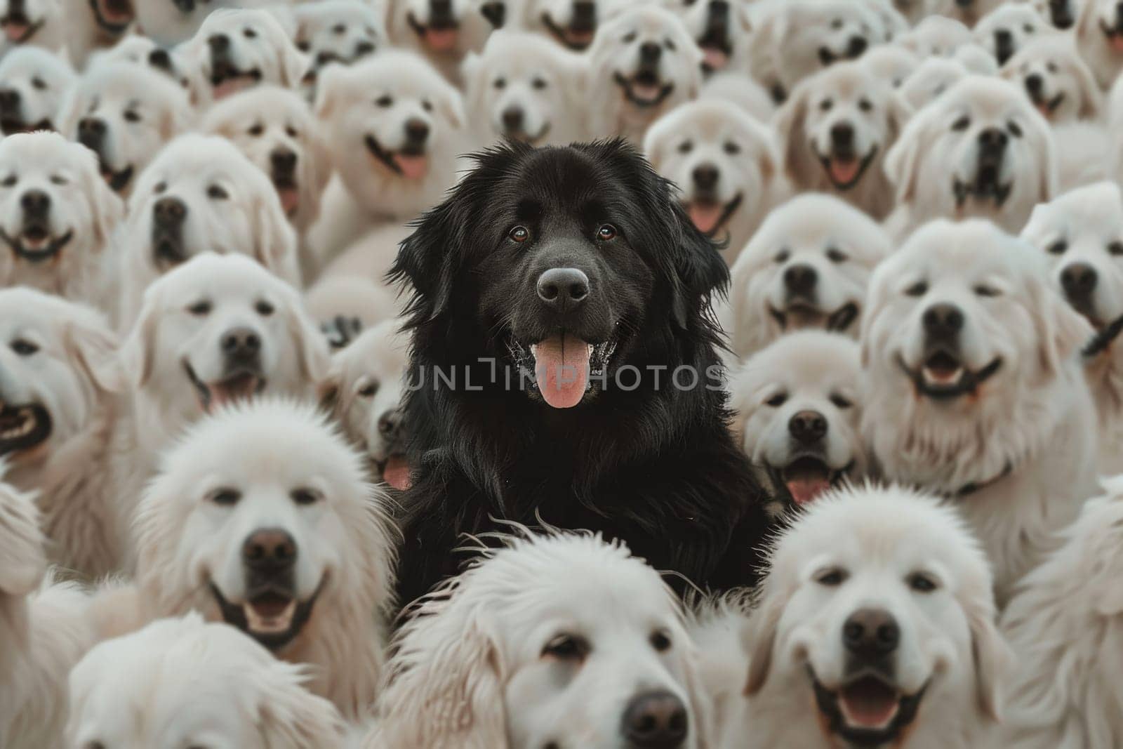 A black dog among a flock of white dog, raising head as a leader, standing out from the crowd.