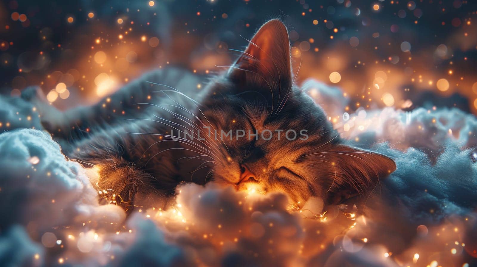 A cat lying down on the clouds, flying over a city in a starry magic night.