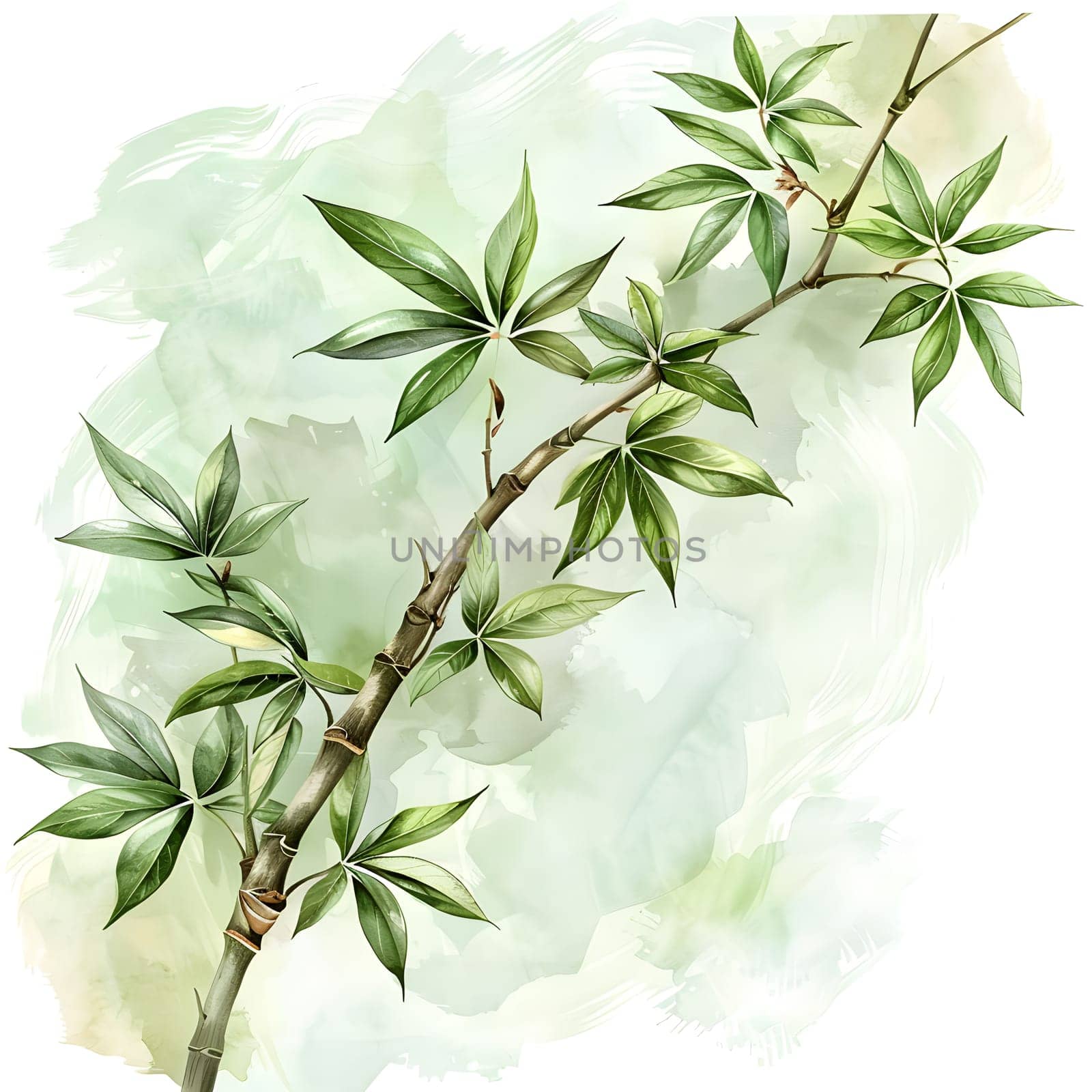A watercolor painting depicting a bamboo branch with green leaves on a white background, showcasing the beauty of this terrestrial plant