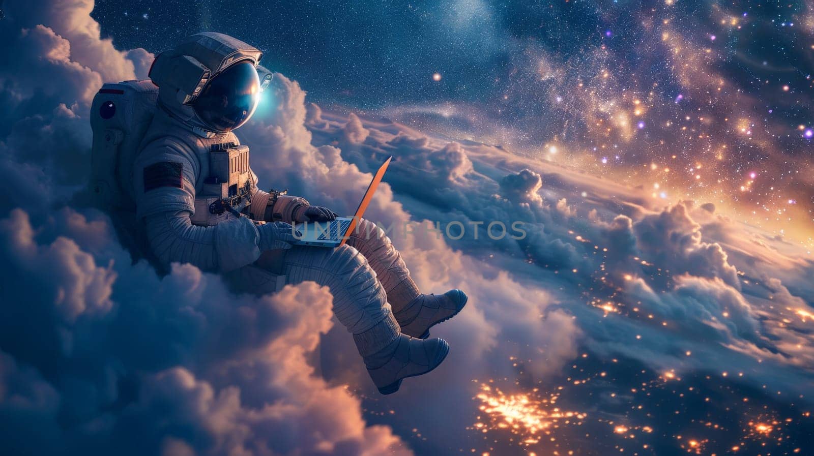 An astronaut sitting on the clouds with laptop, flying over a city in a starry magic night.