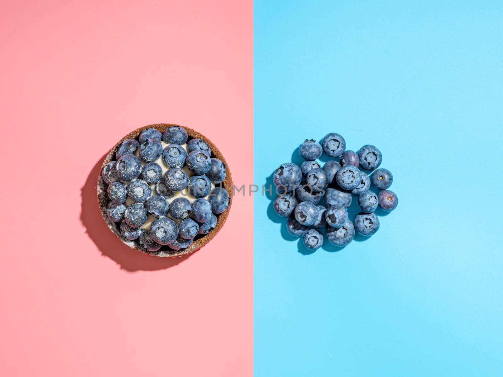 Blueberries mini tart and heap of fresh ripe blueberries on duotone blue and pink background. Fresh blueberry tart as summer food concept with hard shadows in bright summer light. Top view or flat lay