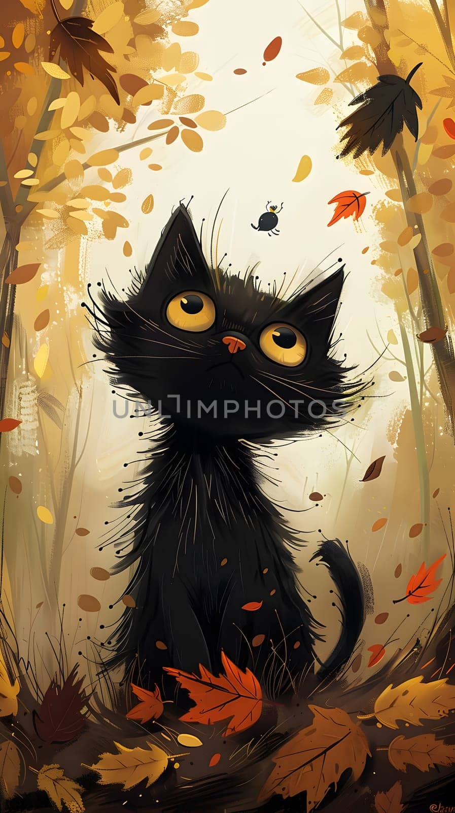 a black cat is sitting in a forest surrounded by leaves by Nadtochiy