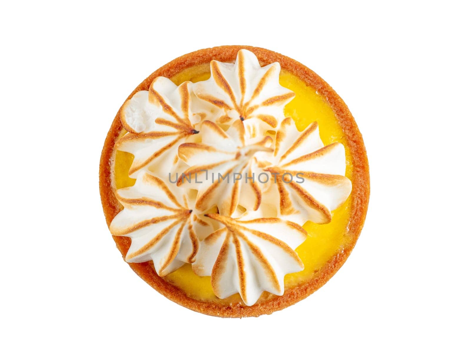 Mini cake decorated with whipped egg whites meringue. Mini lemon tart with burnt meringue isolated on transpaarent background,