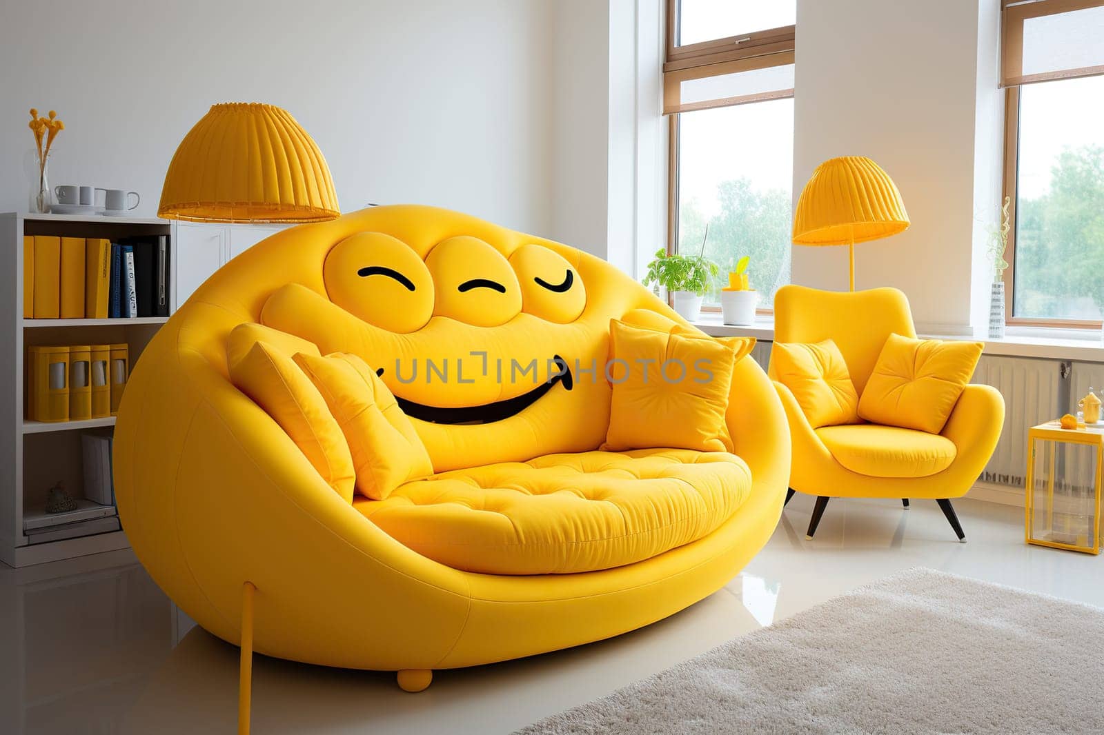 Yellow designer stylish sofa in the interior of a bright room.