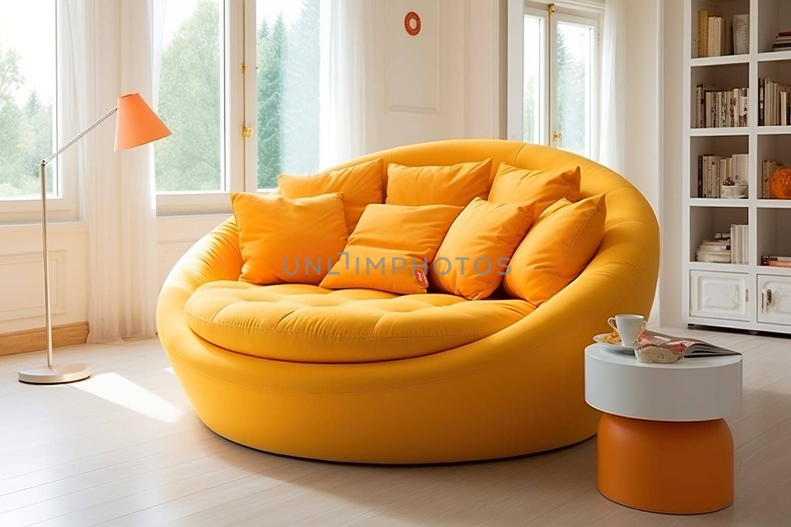 Room interior with a yellow sofa.