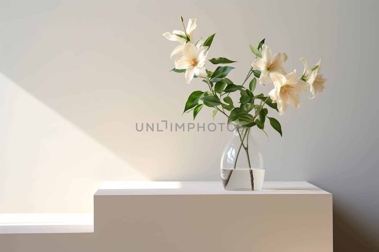 A branch of white lilies in a glass vase on a step.