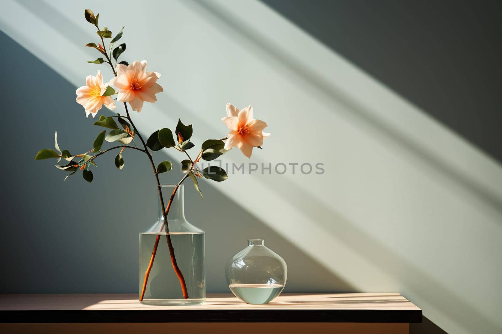 Glass vase with flowers on the table, minimalism. Shadows on the wall.