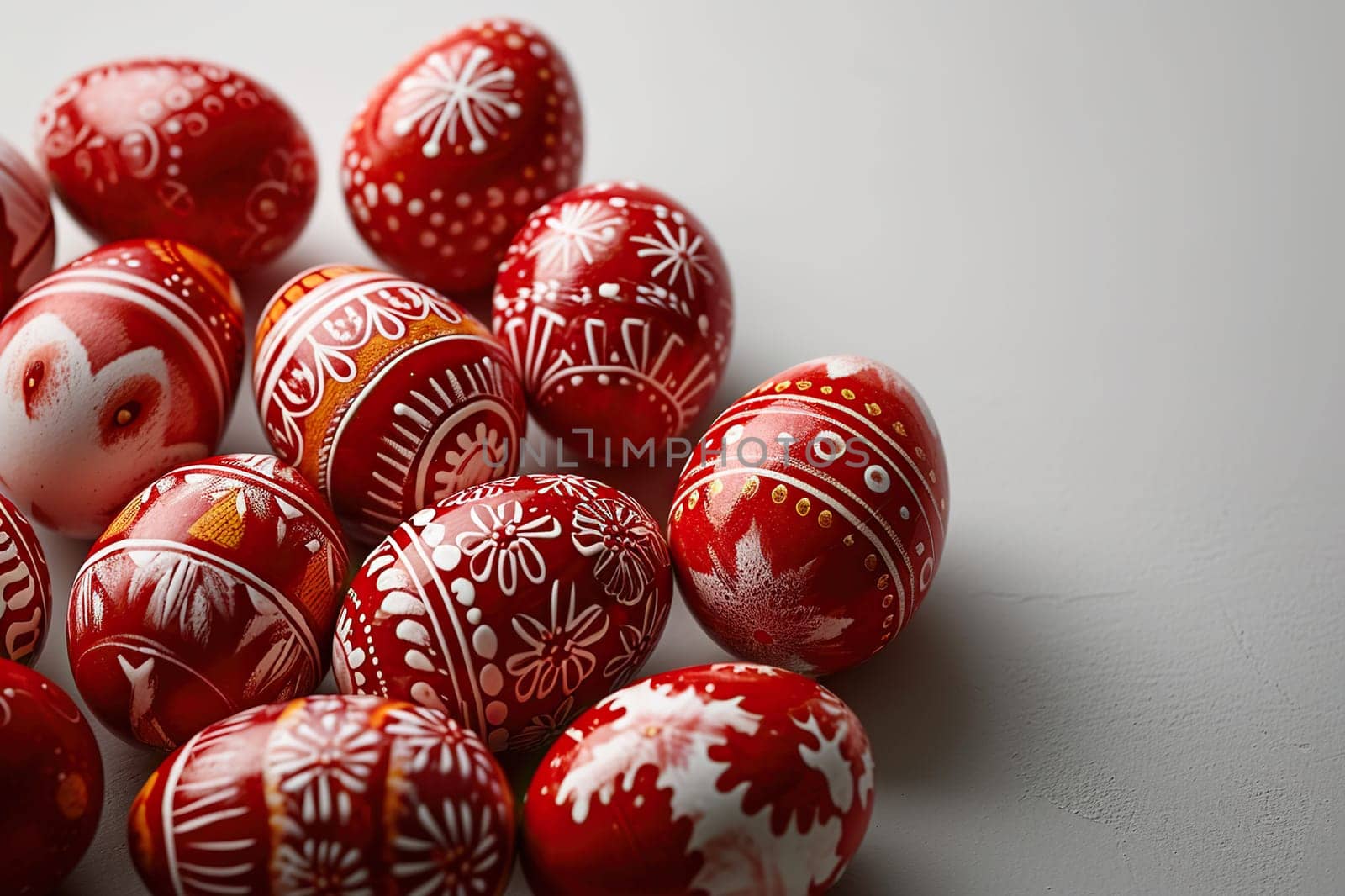 Red Easter eggs with a beautiful painted pattern lie on the table. Easter background.
