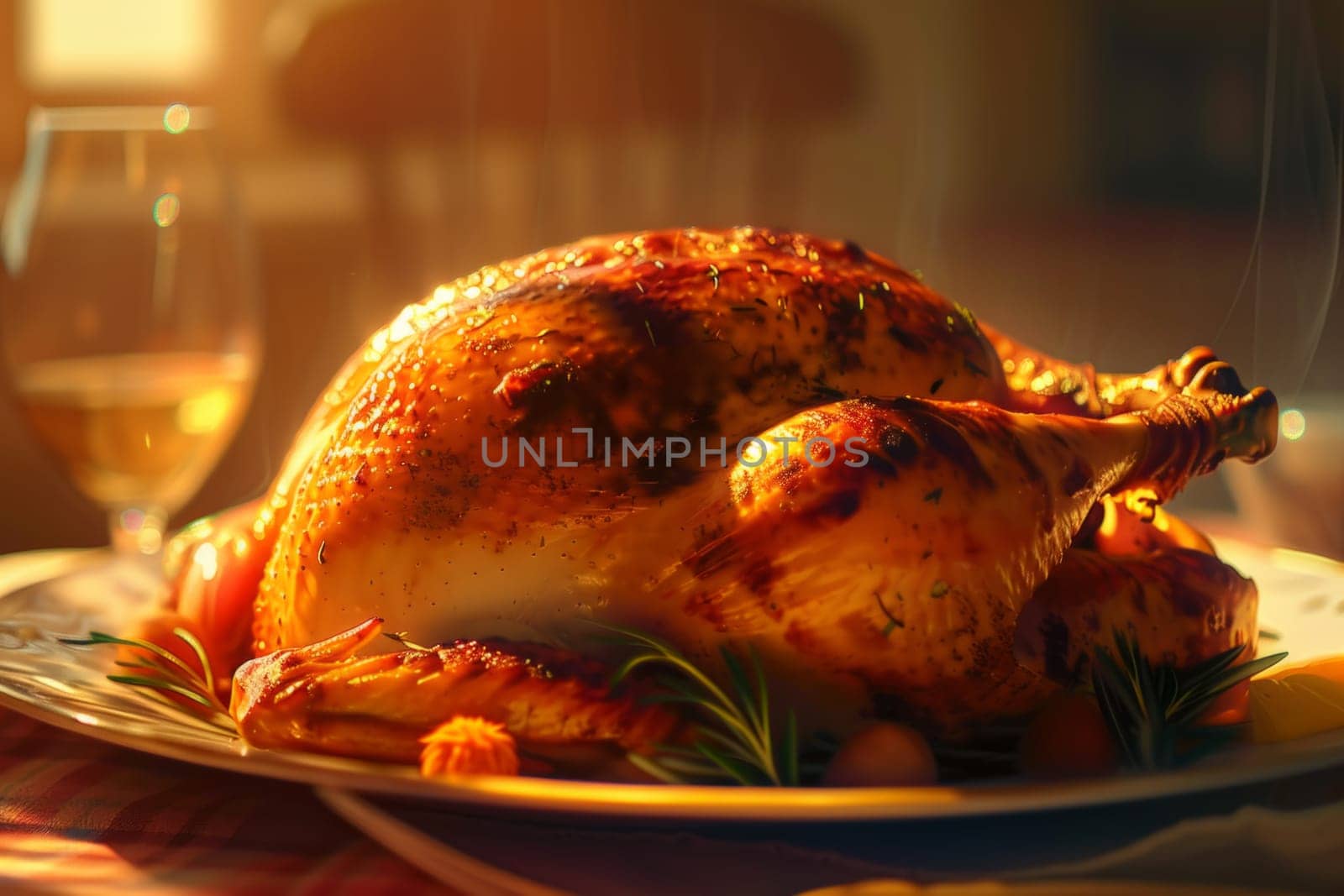 close up of aromatic roasted chicken served ready to eat on a christmas celebration.