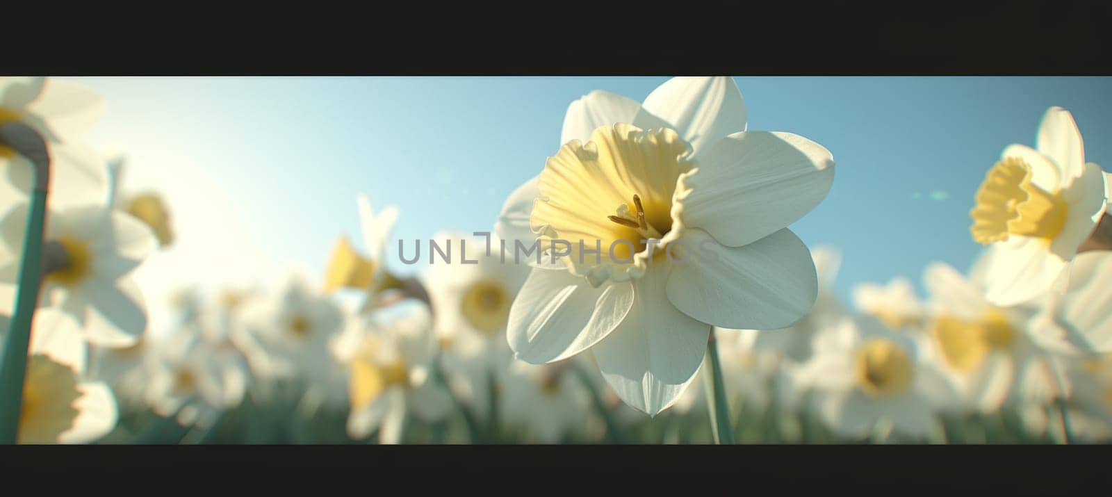 Close up of narcissus field in a sunny day with blue sky behind by papatonic