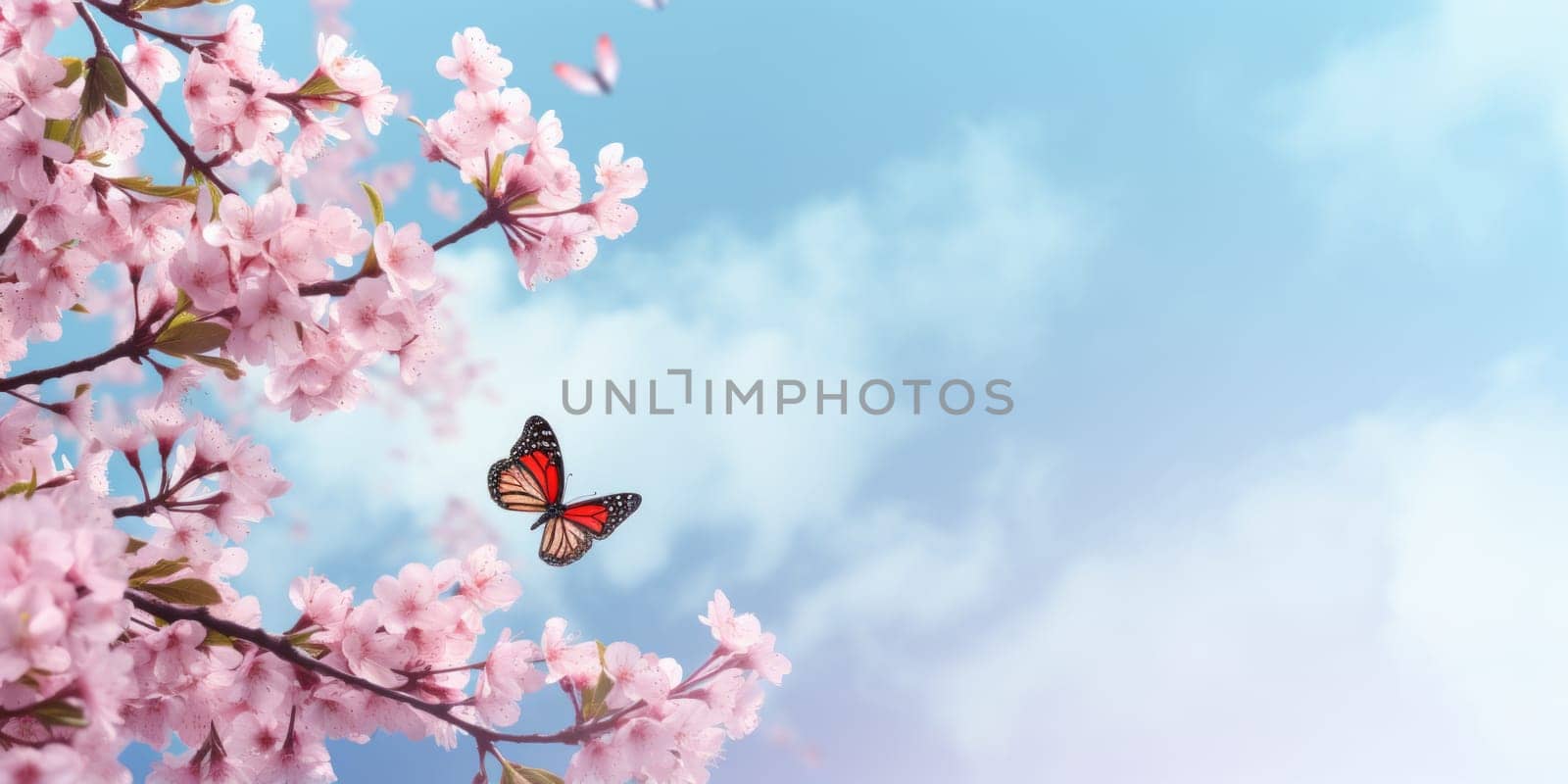 Spring banner branches of blossoming cherry and butterflies against blue sky background with copy space.