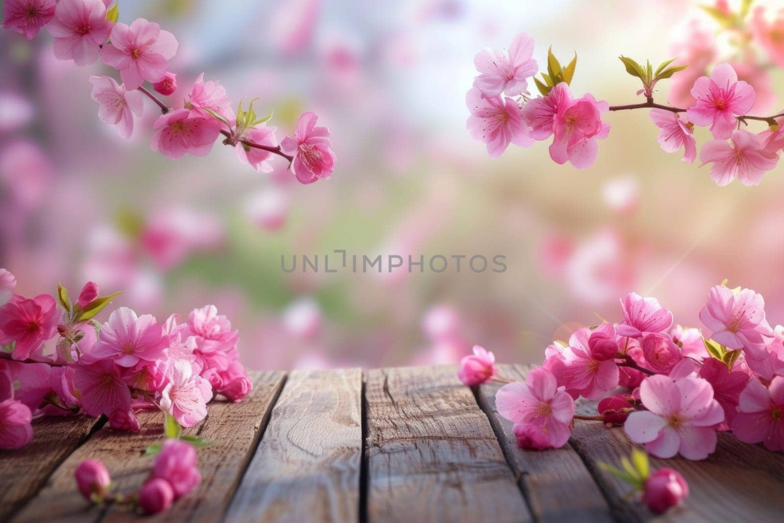 Brown wooden table with Cherry blossoms and blur background . Spring landscape.