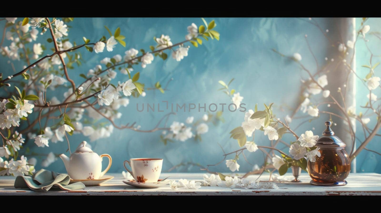 Cup of tea on table with spring blossom in background. Relaxing breakfast tea time concept. Springtime composition.