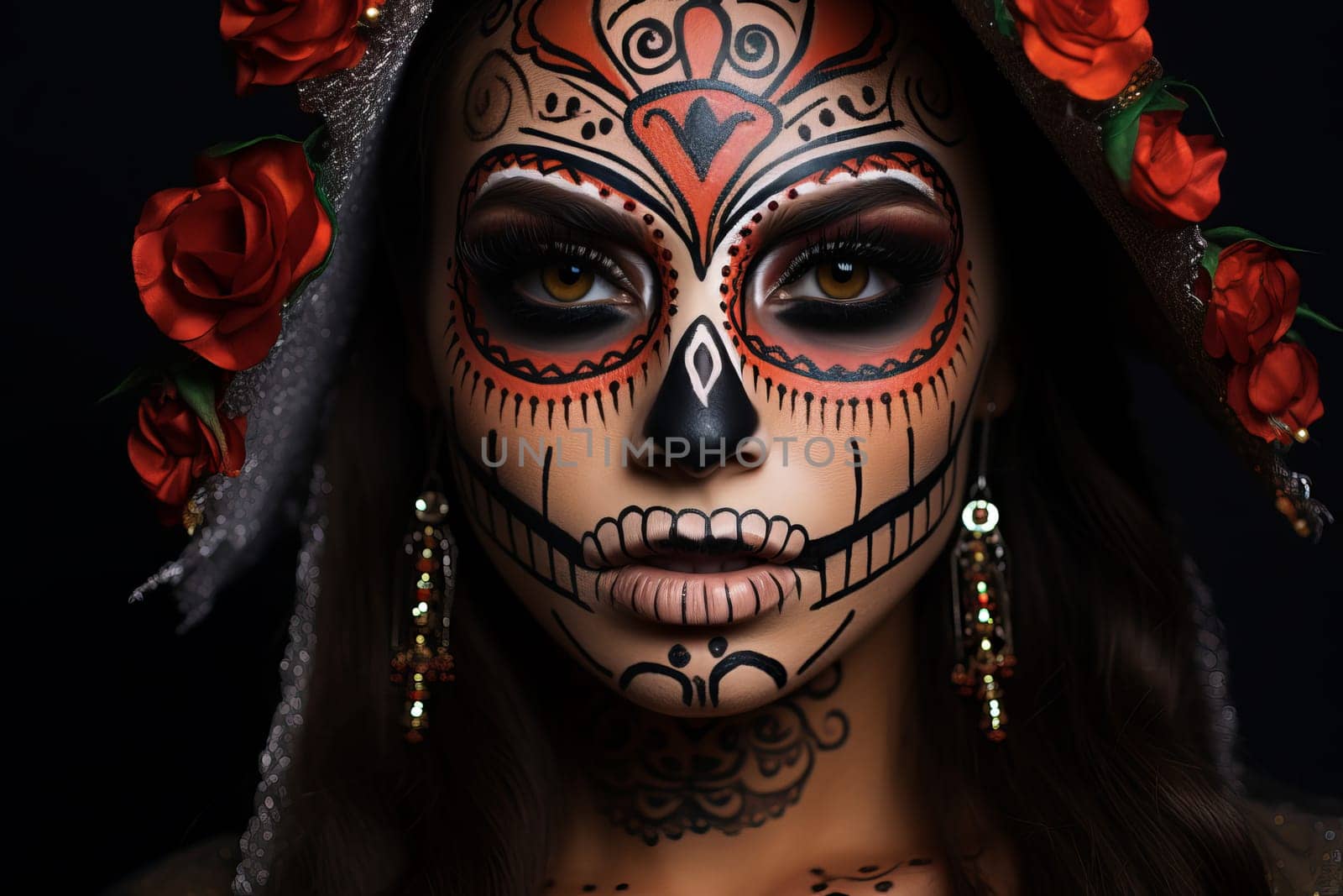 Vibrant Dead day woman mexican face. Hair model. Generate Ai