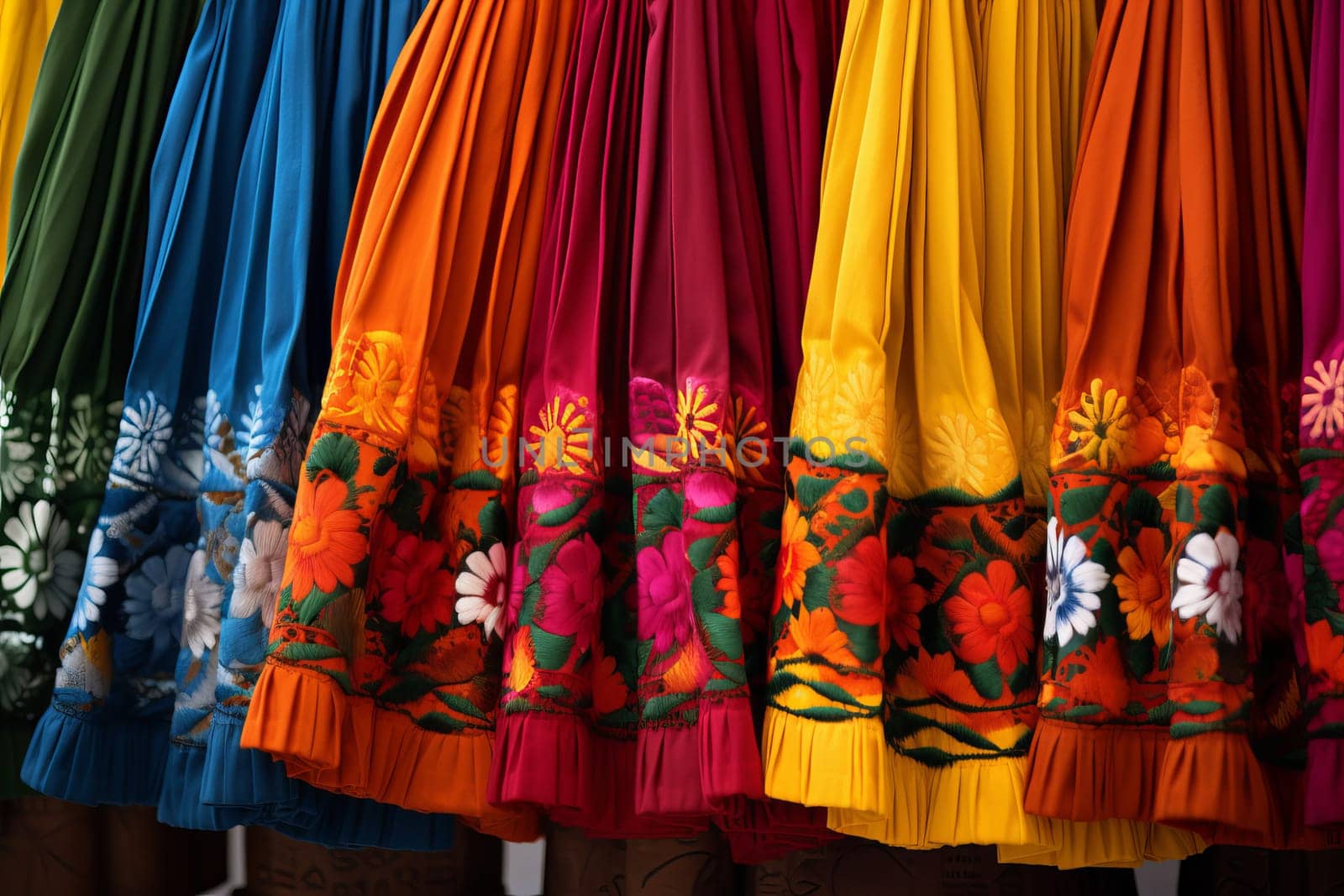 Vibrant Mexican colorful skirt closeup. Latin culture. Generate Ai