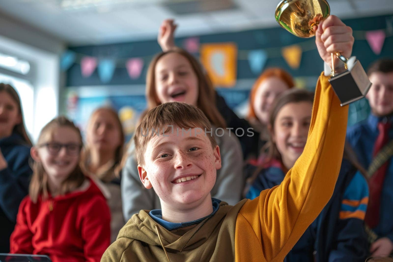 A young teenager radiates joy as they celebrate an academic victory, trophy in hand, among cheering classmates. The scene is vibrant with the energy of youthful achievement