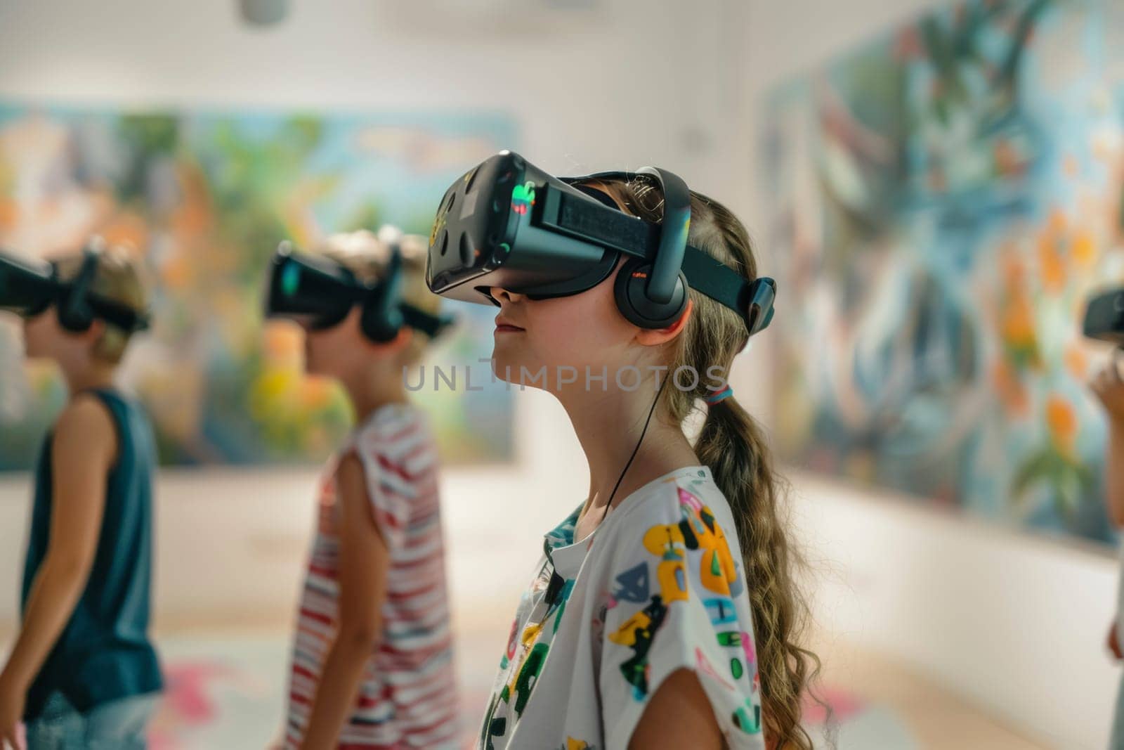 Children in a vibrant art class wear virtual reality headsets, engrossed in creating digital masterpieces. The fusion of technology and art introduces a new dimension of creativity for these young minds