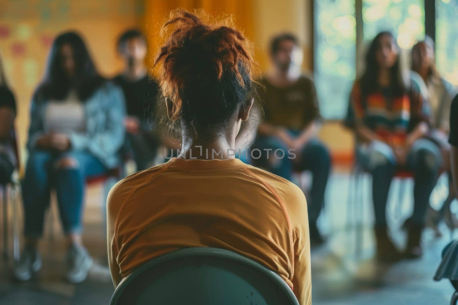 A participant in a workshop sits with their back to the camera, embodying reflection and learning on mental health topics. The community gathers to share and grow together